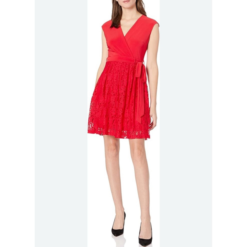 Danny & Nicole Red Lace Wrap Dress Fit & Flare Size 14 Stretchy Lined